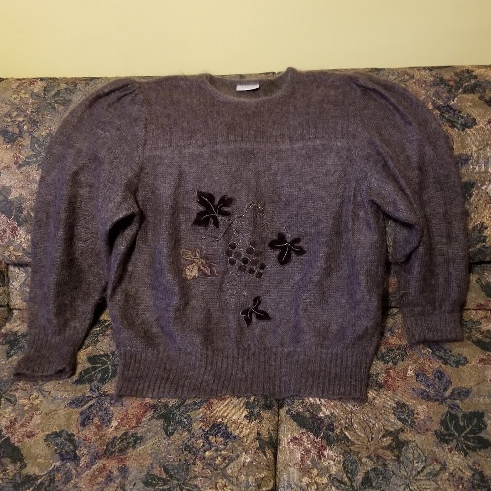 Super soft, kid mohair, brown sweater, embroidery leaf, Rabe, M, L, vintage